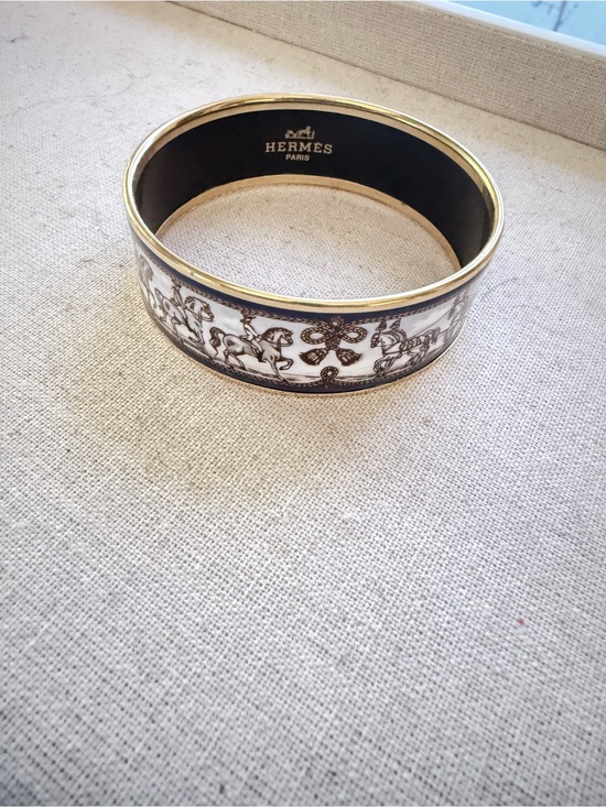 Hermes Accessories - Hermes White and Black with Blue Enamel Bangle with Gold Trim